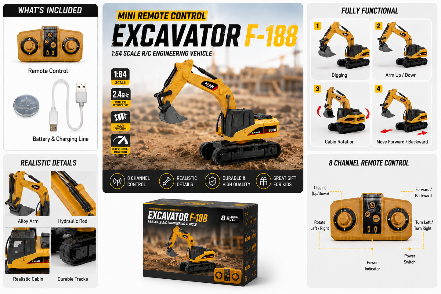 1:64 Mini Remote Control Excavator – F188